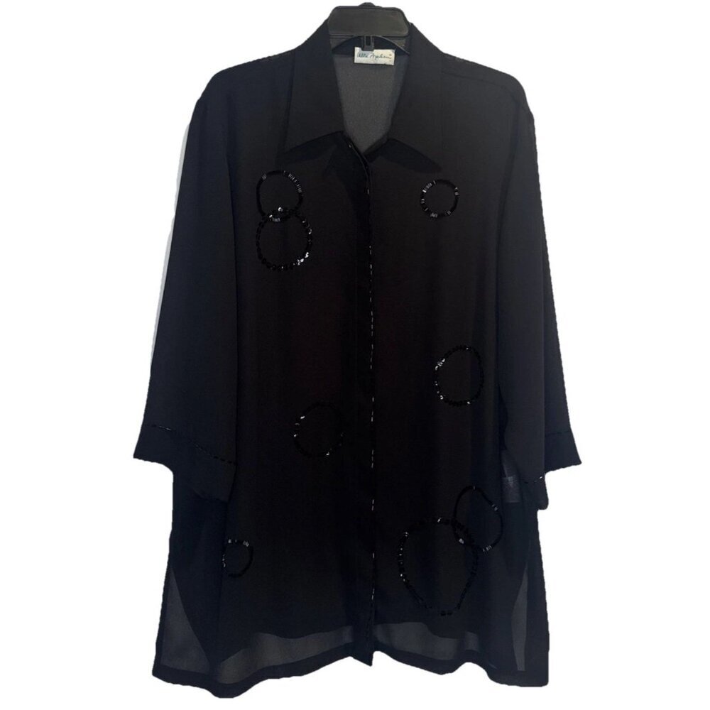 Ulla Popken Black Sequin Sheer 3/4 Sleeve Button Up Tunic Blouse Top Sz 16/18